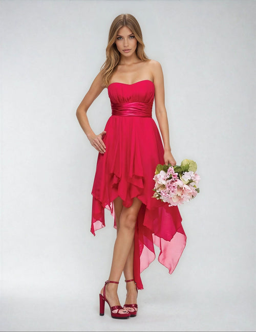 Strapless Sweetheart High-Low Chiffon Dress with Waistband Cocktail Party Dress by Juliet 710
