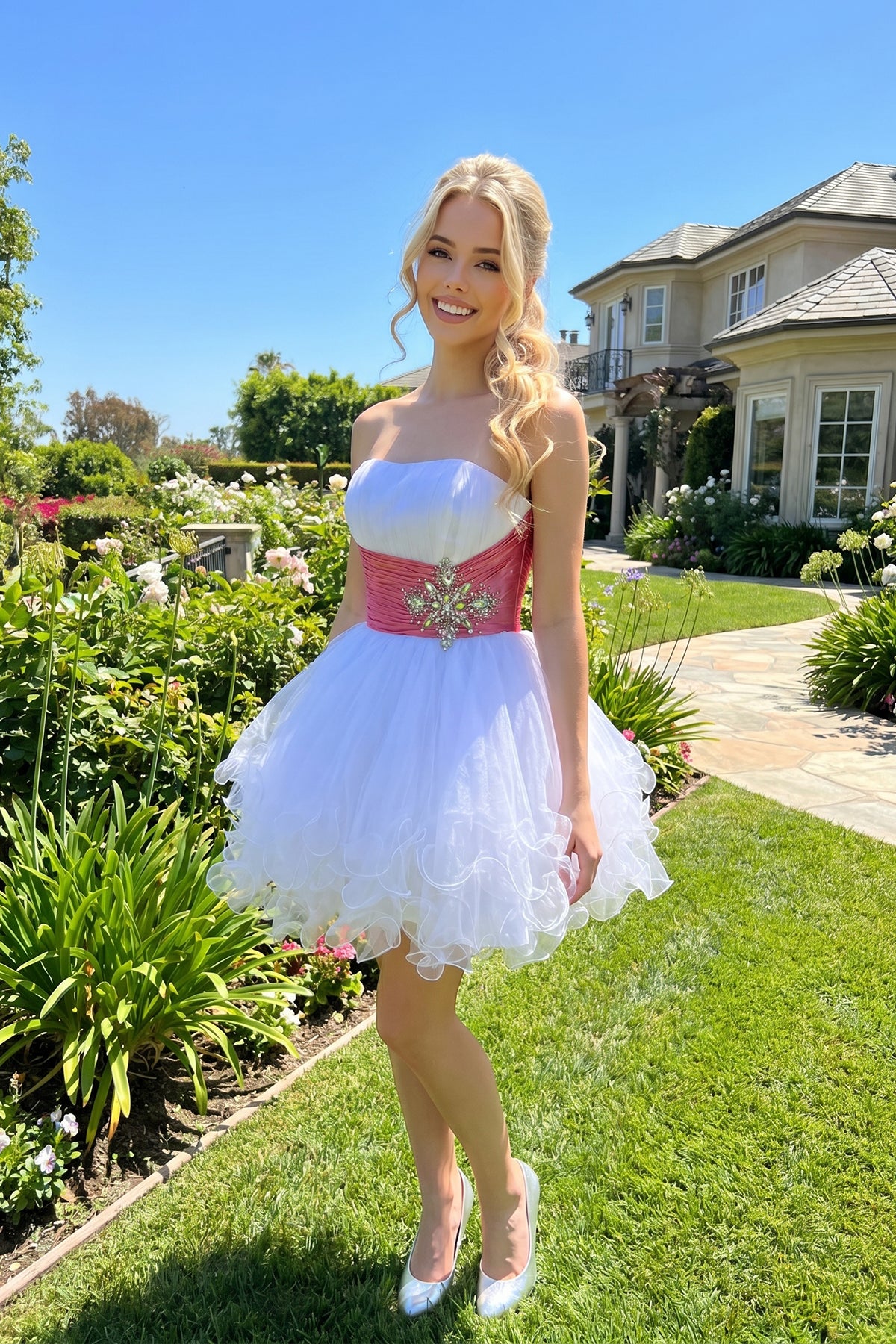 Strapless Contrast-Waist Rhinestone Brooch Tulle Mini Homecoming Dress by Juliet 718