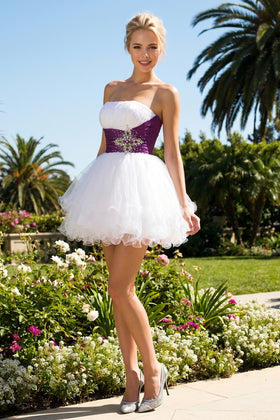 Strapless Contrast-Waist Rhinestone Brooch Tulle Mini Homecoming Dress by Juliet 718
