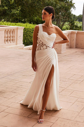 Nox Anabel E1526W One Shoulder Applique Fitted Long Corset Wedding Dress with Slit