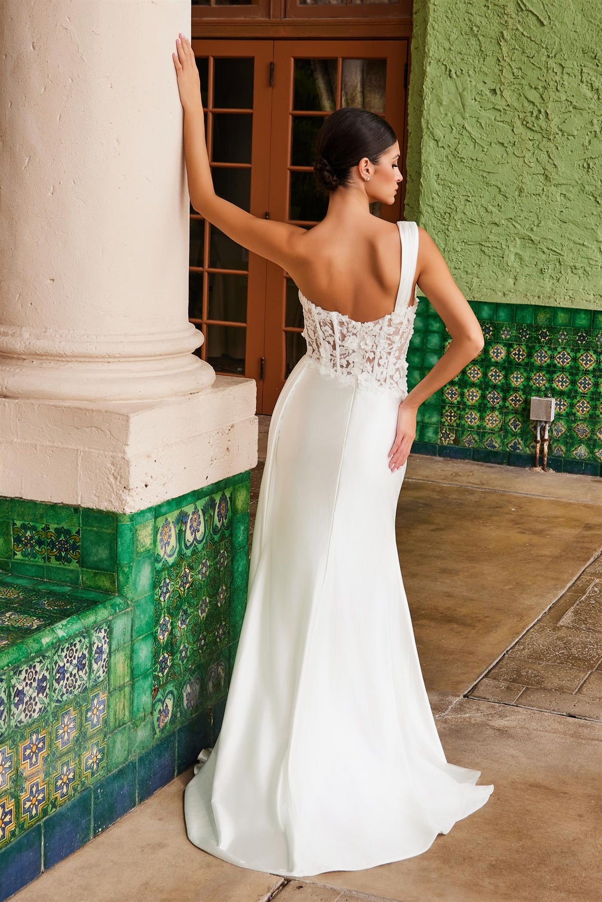 Nox Anabel E1526W One Shoulder Applique Fitted Long Corset Wedding Dress with Slit