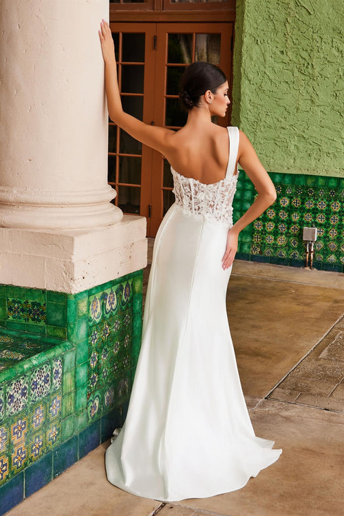 Nox Anabel E1526W One Shoulder Applique Fitted Long Corset Wedding Dress with Slit