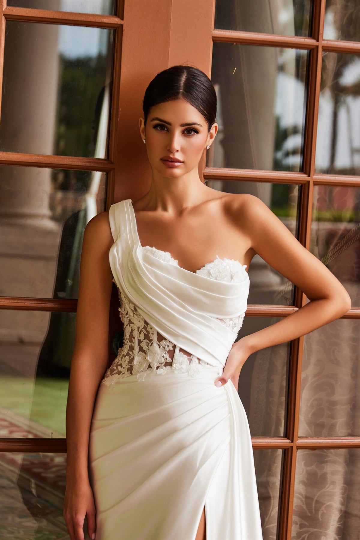 Nox Anabel E1526W One Shoulder Applique Fitted Long Corset Wedding Dress with Slit