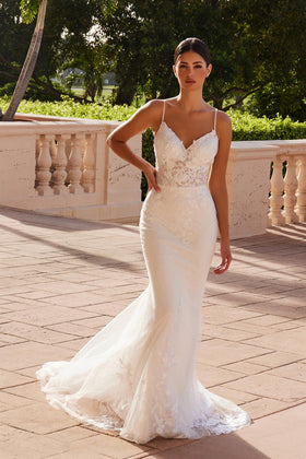 Nox Anabel JW239 V-Neck Tulle Mermaid Long Wedding Dress with Train