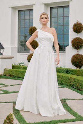 A-Line Satin Wedding Dress with Pockets  Modern Minimalist Bridal Gown by Nox Anabel E469