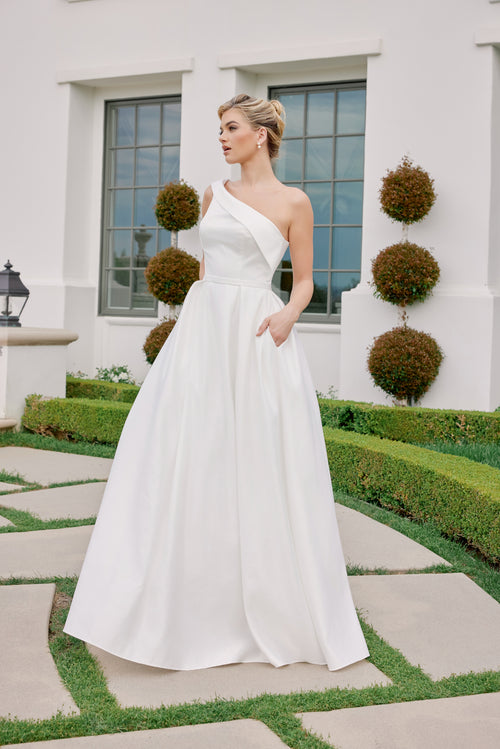 A-Line Satin Wedding Dress with Pockets  Modern Minimalist Bridal Gown by Nox Anabel E469