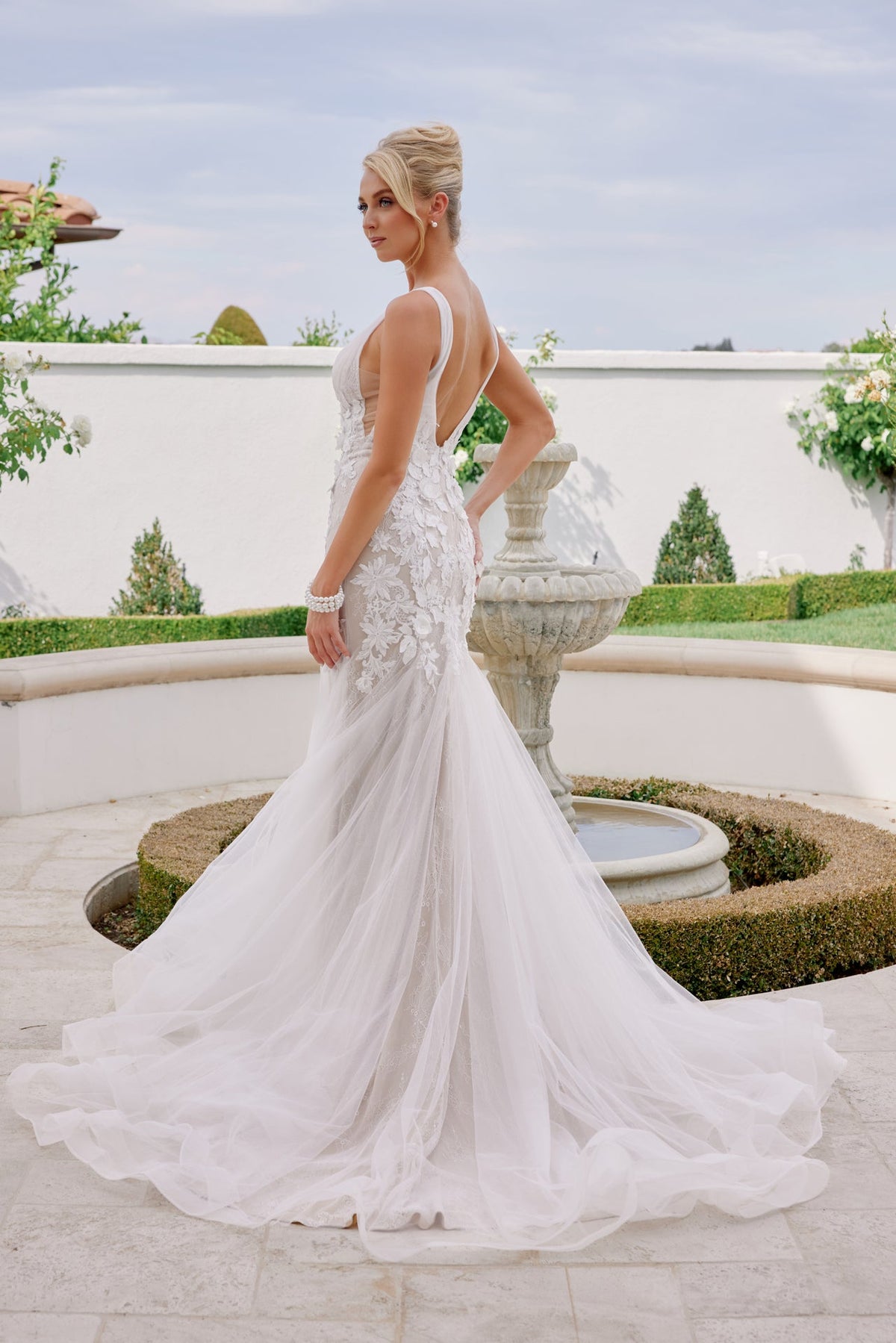 Nox Anabel JE917 V-Neck Floral Applique Mermaid Long Wedding Dress with Train