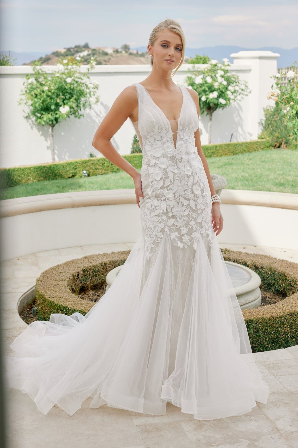 Nox Anabel JE917 V-Neck Floral Applique Mermaid Long Wedding Dress with Train