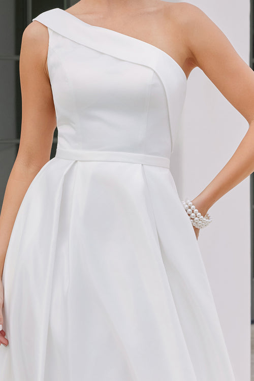 One Shoulder Satin Tea Length Wedding Dress Elegant A-Line Midi Bridal Gown