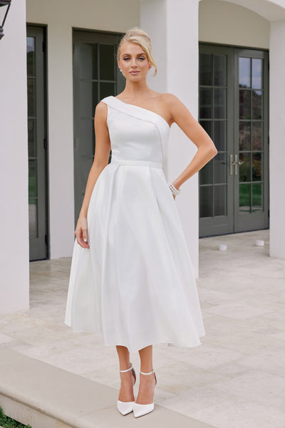 One Shoulder Satin Tea Length Wedding Dress Elegant A-Line Midi Bridal Gown