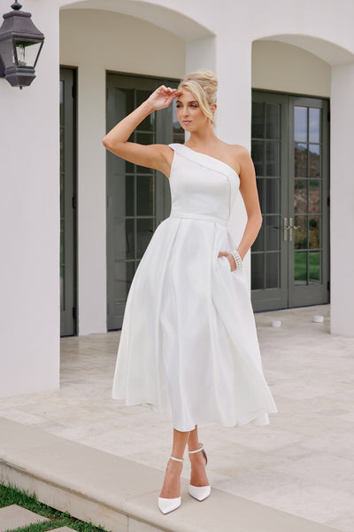 One Shoulder Satin Tea Length Wedding Dress Elegant A-Line Midi Bridal Gown