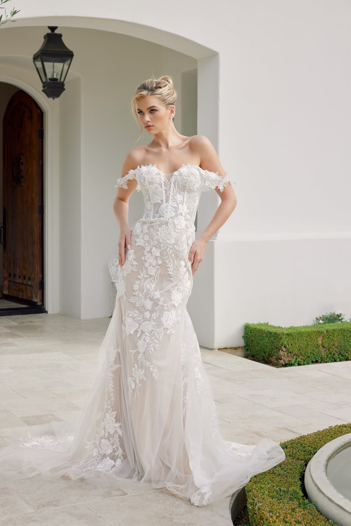 Nox Anabel JE974 Off the Shoulder Floral Applique Mermaid Long Corset Wedding Dress with Train
