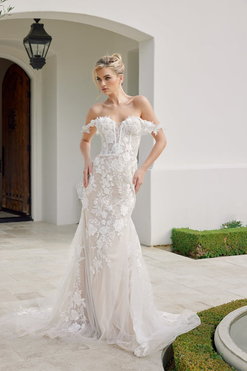 Nox Anabel JE974 Off the Shoulder Floral Applique Mermaid Long Corset Wedding Dress with Train