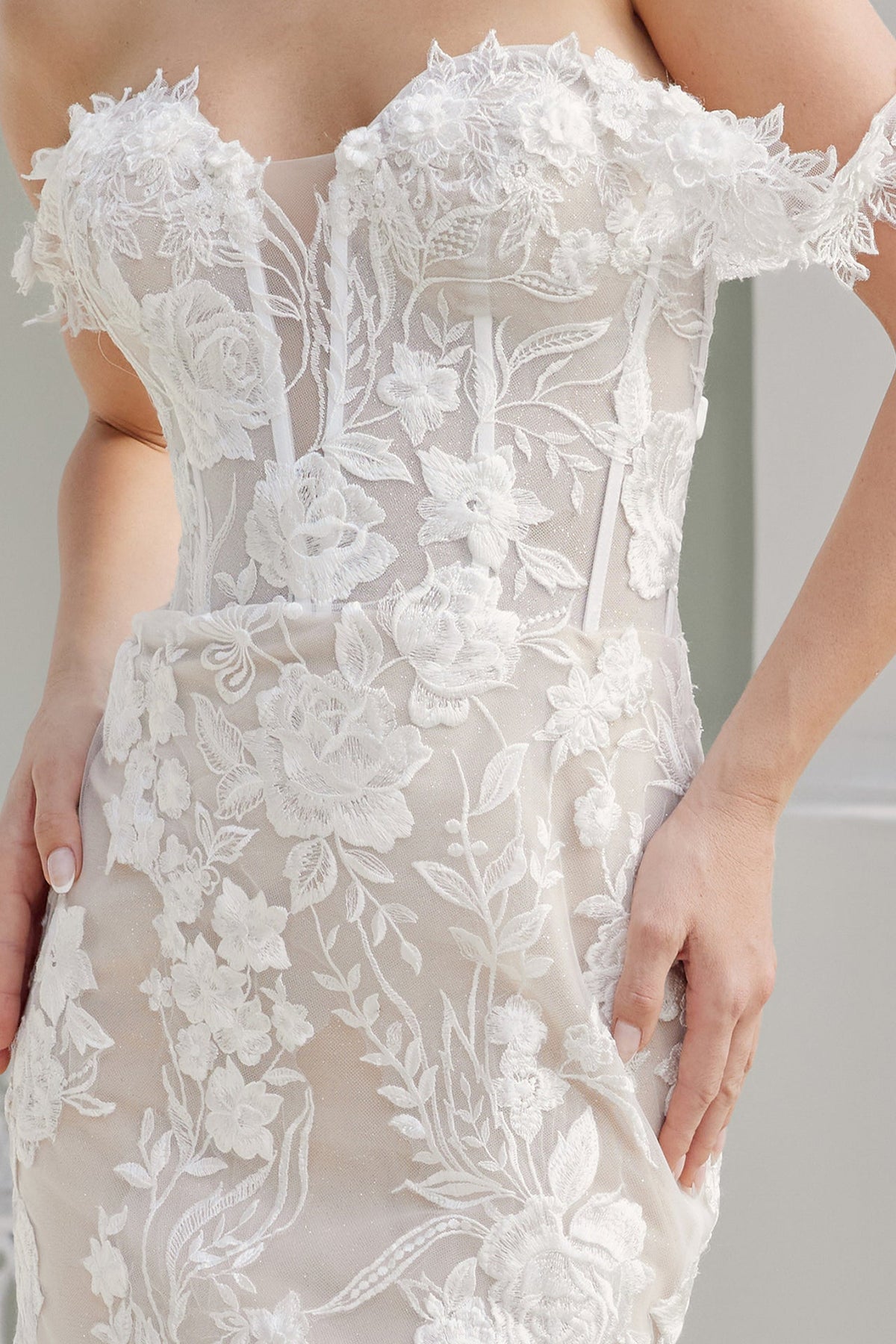 Nox Anabel JE974 Off the Shoulder Floral Applique Mermaid Long Corset Wedding Dress with Train