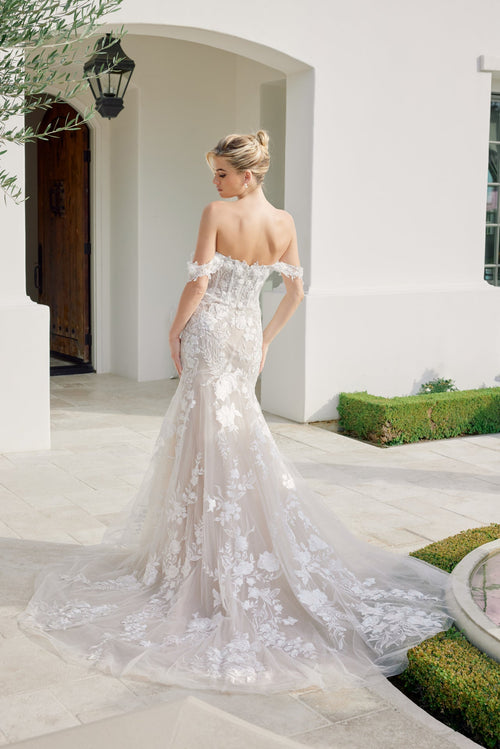 Nox Anabel JE974 Off the Shoulder Floral Applique Mermaid Long Corset Wedding Dress with Train