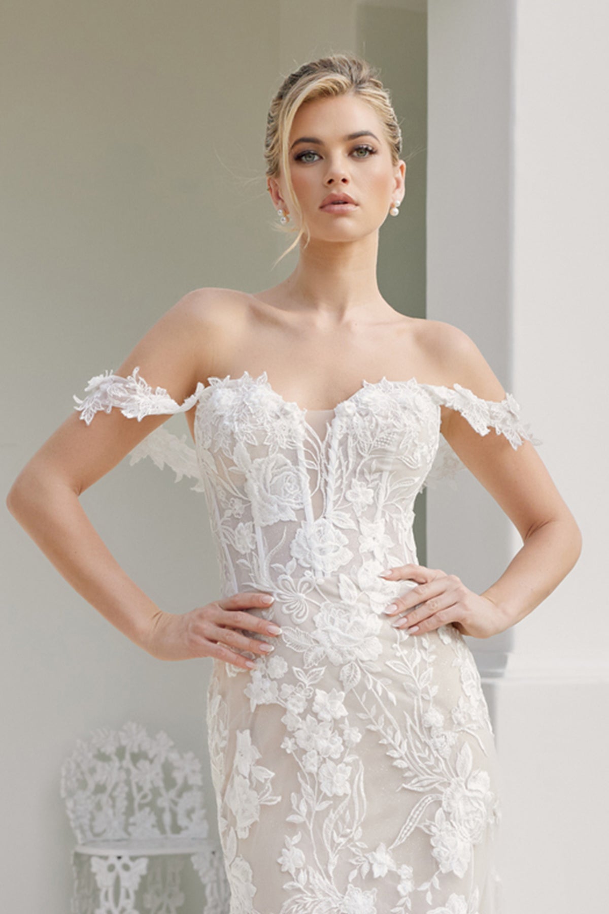 Nox Anabel JE974 Off the Shoulder Floral Applique Mermaid Long Corset Wedding Dress with Train