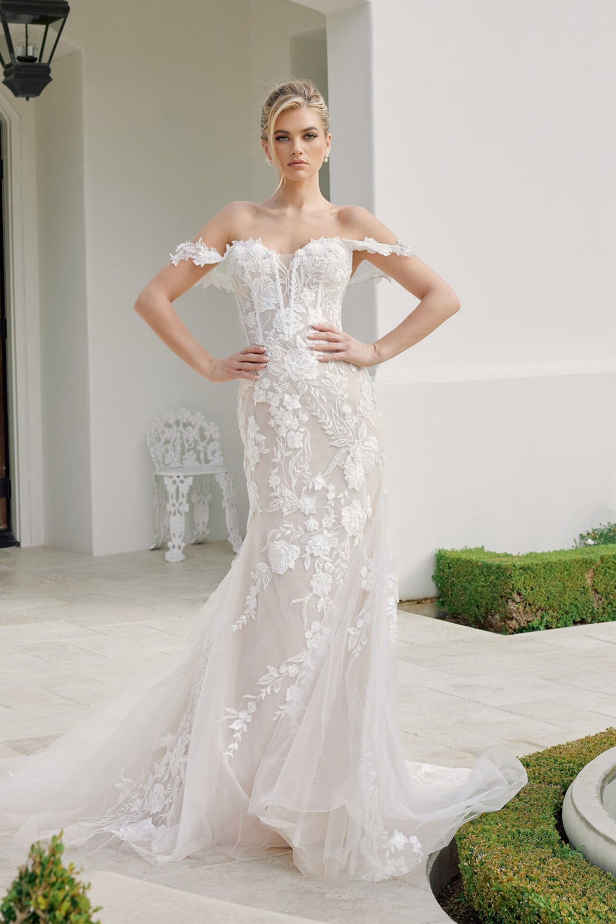 Nox Anabel JE974 Off the Shoulder Floral Applique Mermaid Long Corset Wedding Dress with Train