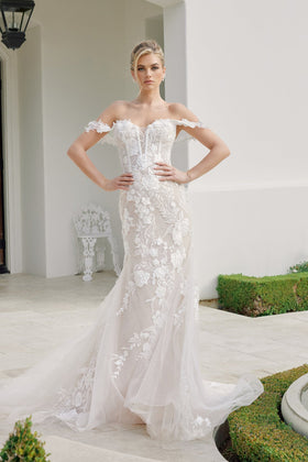 Nox Anabel JE974 Off the Shoulder Floral Applique Mermaid Long Corset Wedding Dress with Train