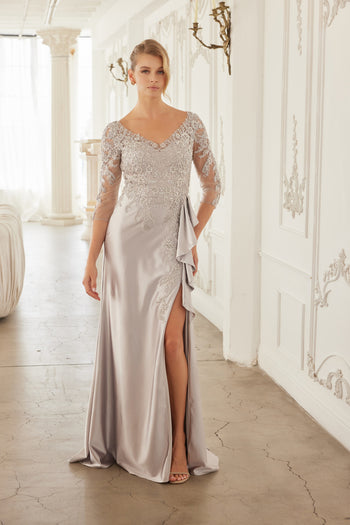 3/4 Sleeve Mother of the Bride Dress with Beaded Appliqués Formal Gown By Nox Anabel ME126