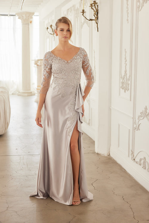 3/4 Sleeve Mother of the Bride Dress with Beaded Appliqués Formal Gown