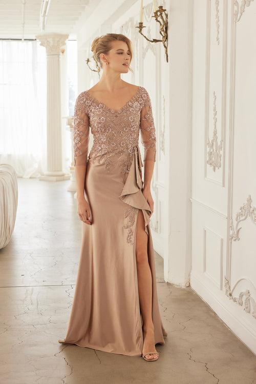 3/4 Sleeve Mother of the Bride Dress with Beaded Appliqués Formal Gown By Nox Anabel ME126