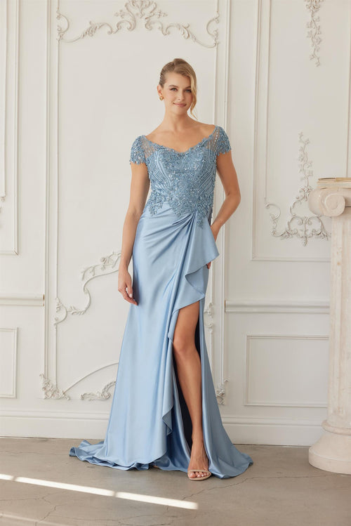 Beaded Bodice Mother of the Bride Dress with Satin Skirt Formal Evening Gown by Nox Anabel MD155