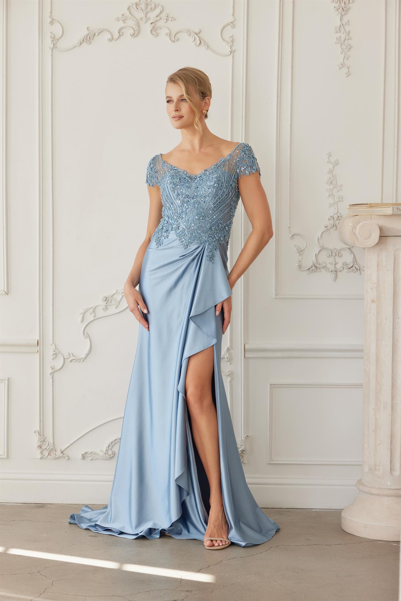 Beaded Bodice Mother of the Bride Dress with Satin Skirt Formal Evening Gown by Nox Anabel MD155