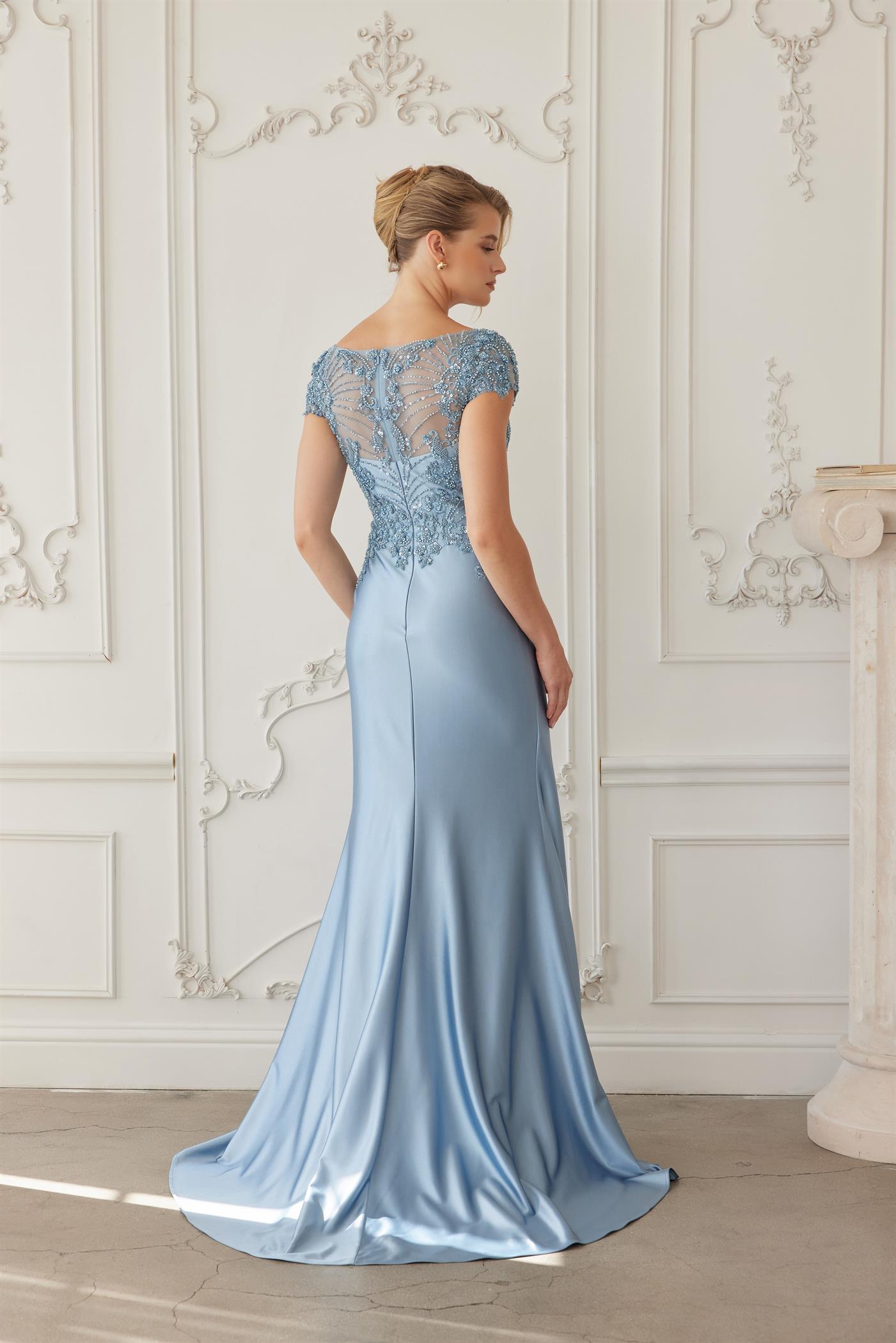 Beaded Bodice Mother of the Bride Dress with Satin Skirt Formal Evening Gown by Nox Anabel MD155