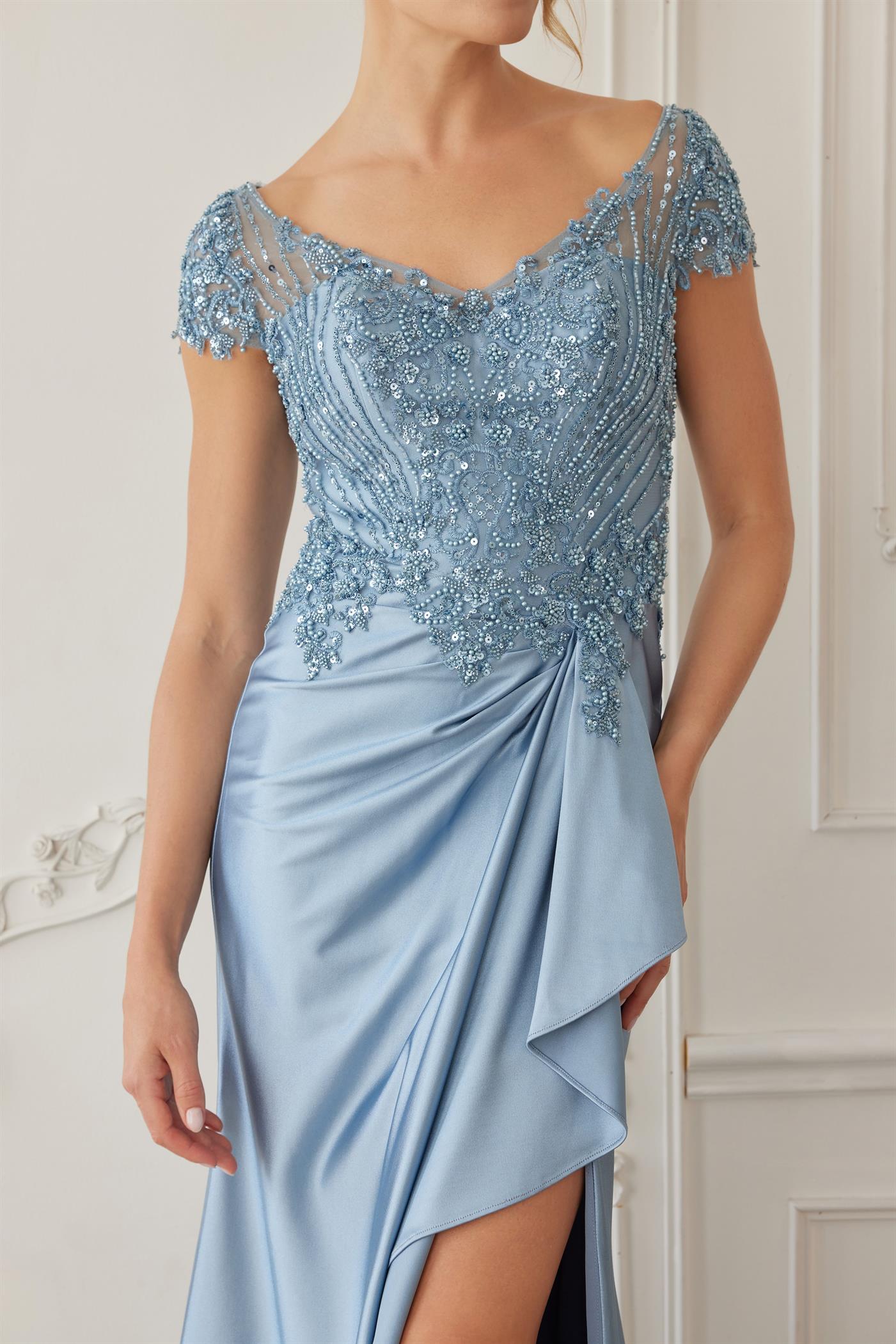 Beaded Bodice Mother of the Bride Dress with Satin Skirt Formal Evening Gown by Nox Anabel MD155