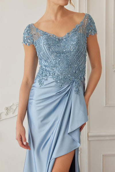 Beaded Bodice Mother of the Bride Dress with Satin Skirt Formal Evening Gown by Nox Anabel MD155