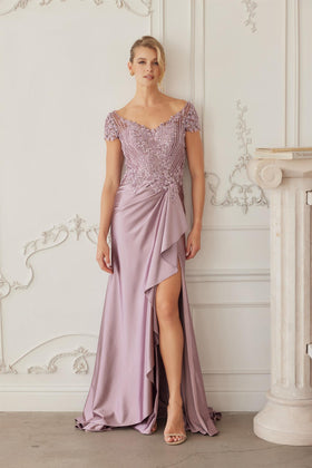 Beaded Bodice Mother of the Bride Dress with Satin Skirt Formal Evening Gown by Nox Anabel MD155