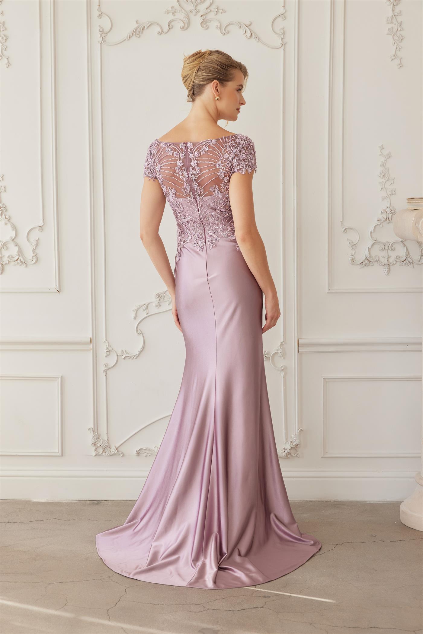 Beaded Bodice Mother of the Bride Dress with Satin Skirt Formal Evening Gown by Nox Anabel MD155