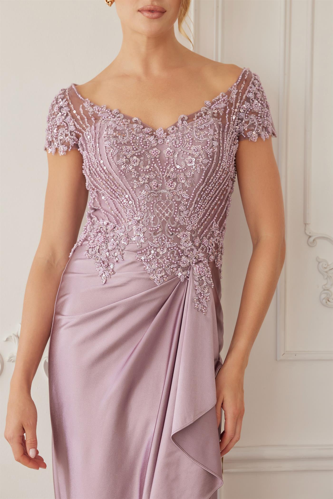 Beaded Bodice Mother of the Bride Dress with Satin Skirt Formal Evening Gown by Nox Anabel MD155