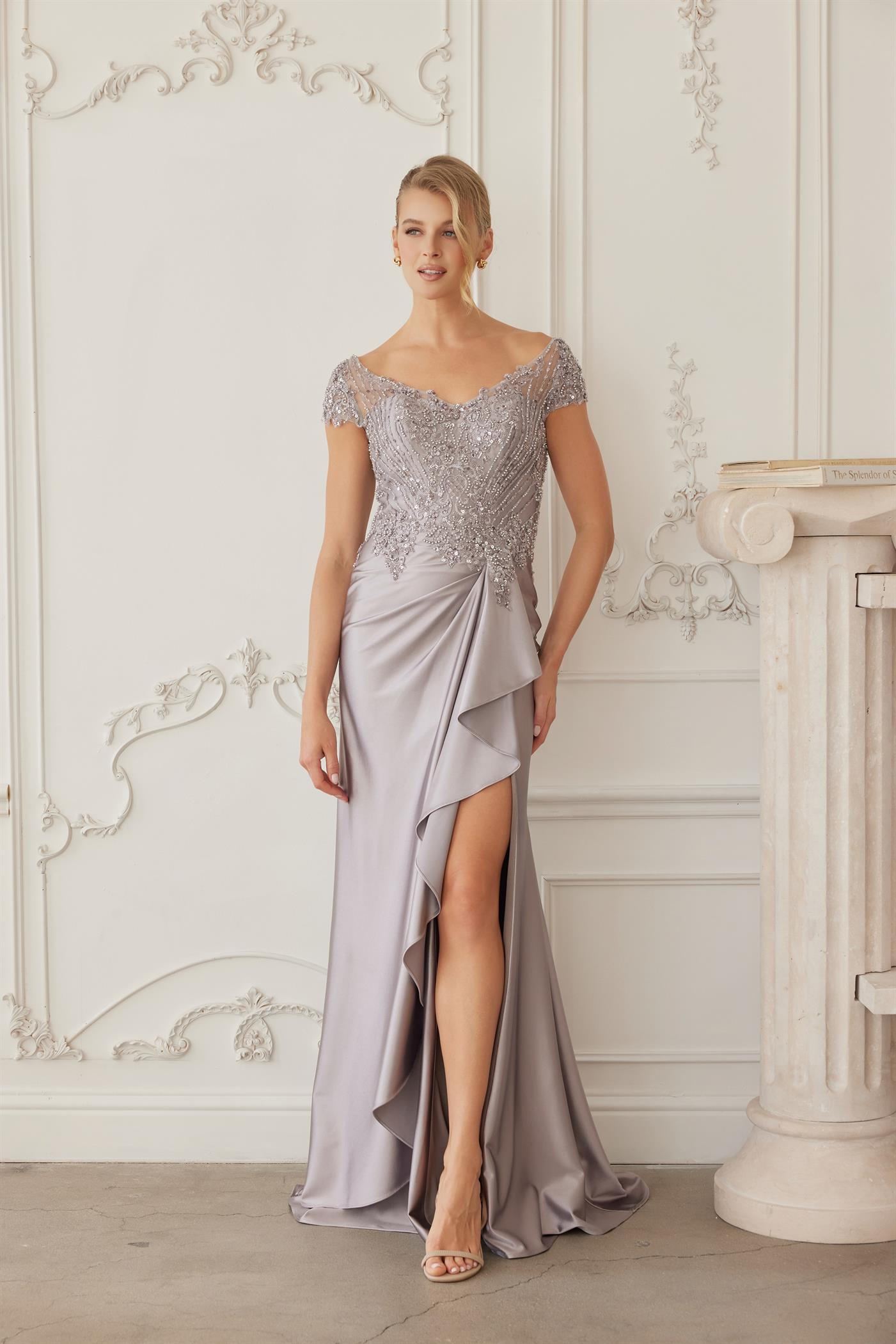 Beaded Bodice Mother of the Bride Dress with Satin Skirt Formal Evening Gown by Nox Anabel MD155