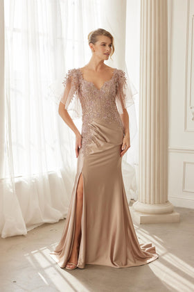 Flutter Sleeves Trumpet Evening Gown with Sweetheart Neckline and Beaded Lace by Nox Anabel ME148