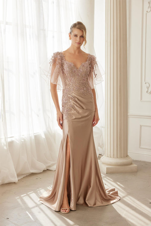 Flutter Sleeves Trumpet Evening Gown with Sweetheart Neckline and Beaded Lace by Nox Anabel ME148