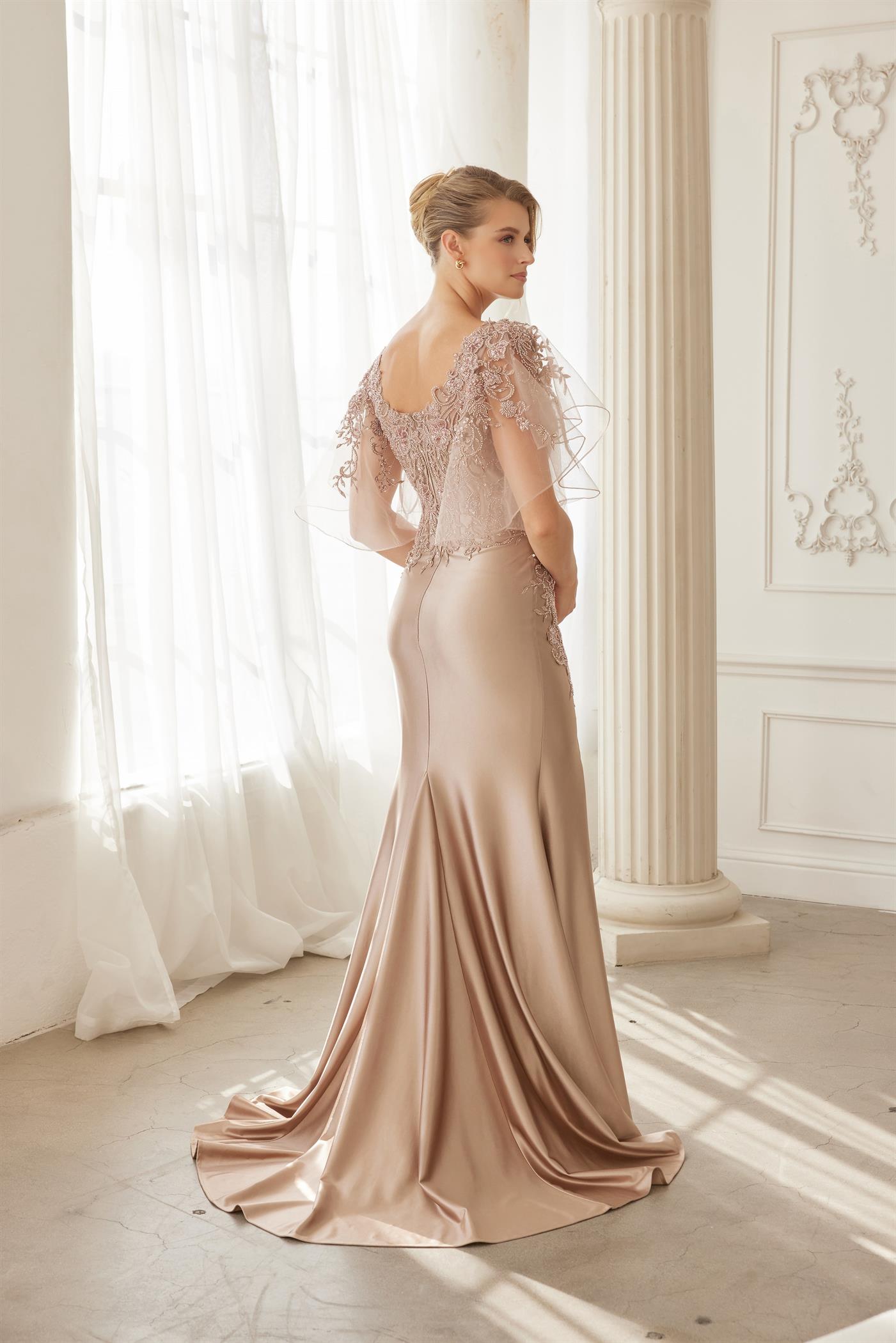 Flutter Sleeves Trumpet Evening Gown with Sweetheart Neckline and Beaded Lace by Nox Anabel ME148
