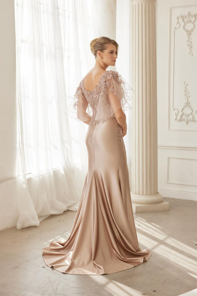Flutter Sleeves Trumpet Evening Gown with Sweetheart Neckline and Beaded Lace by Nox Anabel ME148
