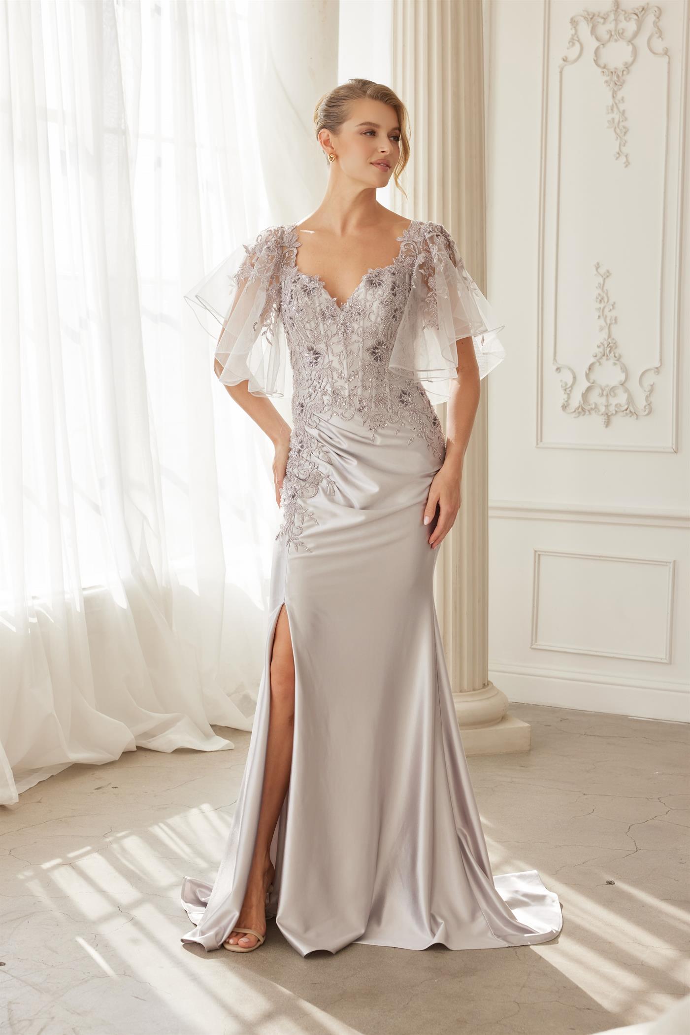 Flutter Sleeves Trumpet Evening Gown with Sweetheart Neckline and Beaded Lace by Nox Anabel ME148