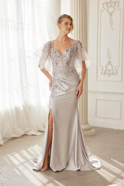 Flutter Sleeves Trumpet Evening Gown with Sweetheart Neckline and Beaded Lace by Nox Anabel ME148