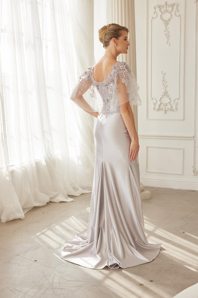 Flutter Sleeves Trumpet Evening Gown with Sweetheart Neckline and Beaded Lace by Nox Anabel ME148