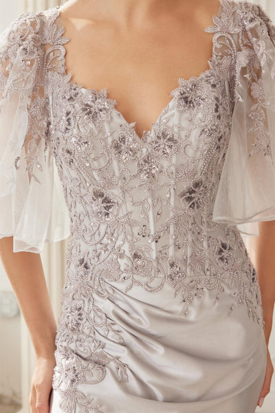 Flutter Sleeves Trumpet Evening Gown with Sweetheart Neckline and Beaded Lace by Nox Anabel ME148