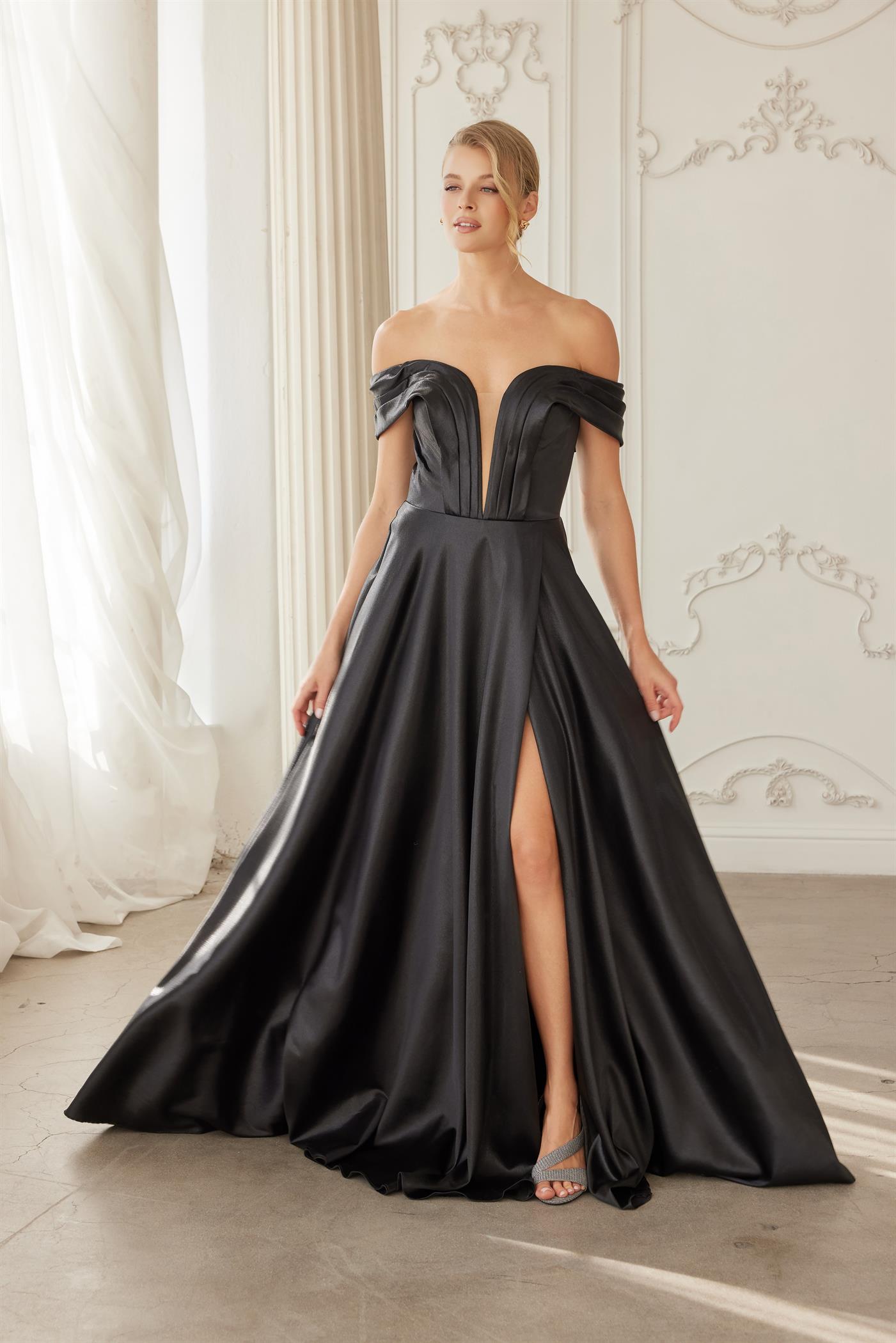 Off-Shoulder A-Line Stretch Satin Evening Gown with Deep V Pleated Neckline by Nox Anabel ME150