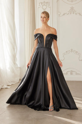 Off-Shoulder A-Line Stretch Satin Evening Gown with Deep V Pleated Neckline by Nox Anabel ME150