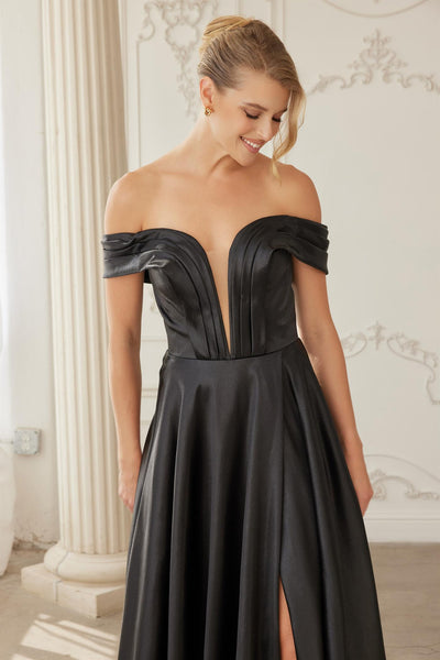 Off-Shoulder A-Line Stretch Satin Evening Gown with Deep V Pleated Neckline by Nox Anabel ME150