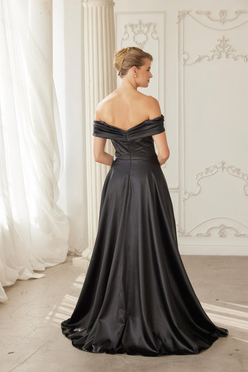 Off-Shoulder A-Line Stretch Satin Evening Gown with Deep V Pleated Neckline by Nox Anabel ME150