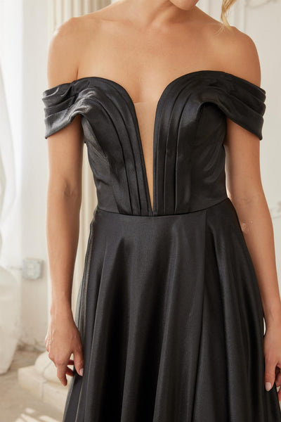 Off-Shoulder A-Line Stretch Satin Evening Gown with Deep V Pleated Neckline by Nox Anabel ME150
