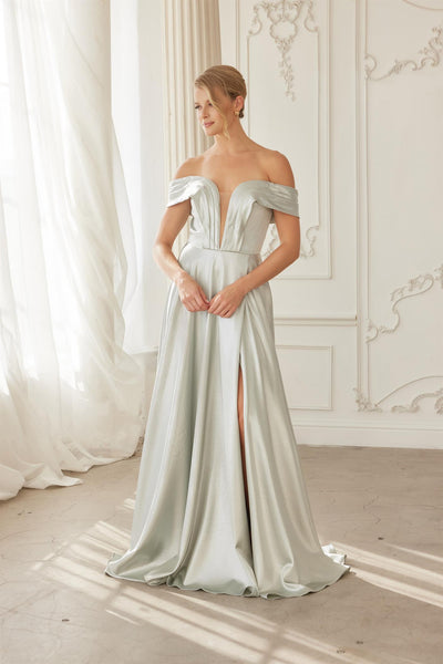 Off-Shoulder A-Line Stretch Satin Evening Gown with Deep V Pleated Neckline by Nox Anabel ME150