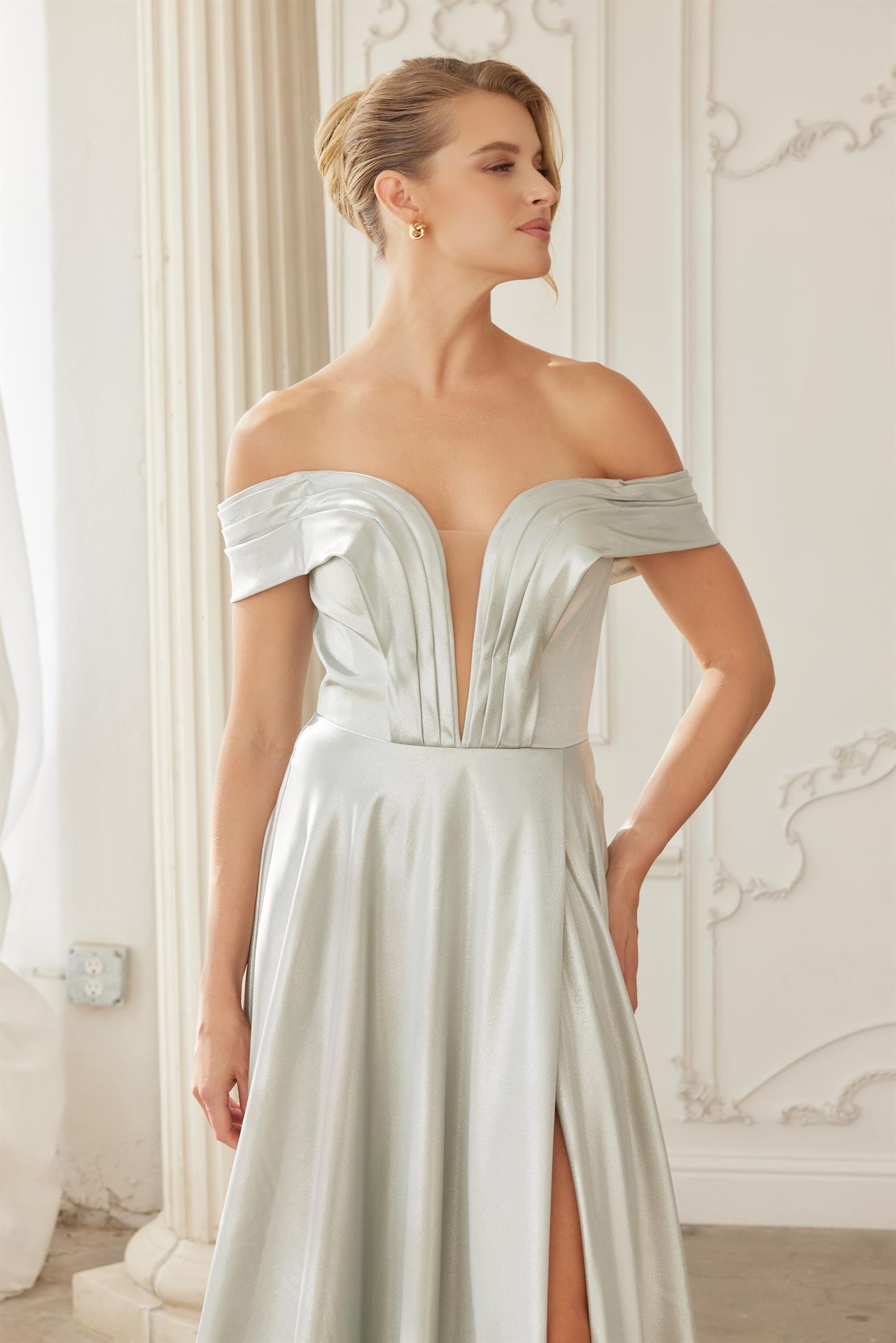 Off-Shoulder A-Line Stretch Satin Evening Gown with Deep V Pleated Neckline by Nox Anabel ME150