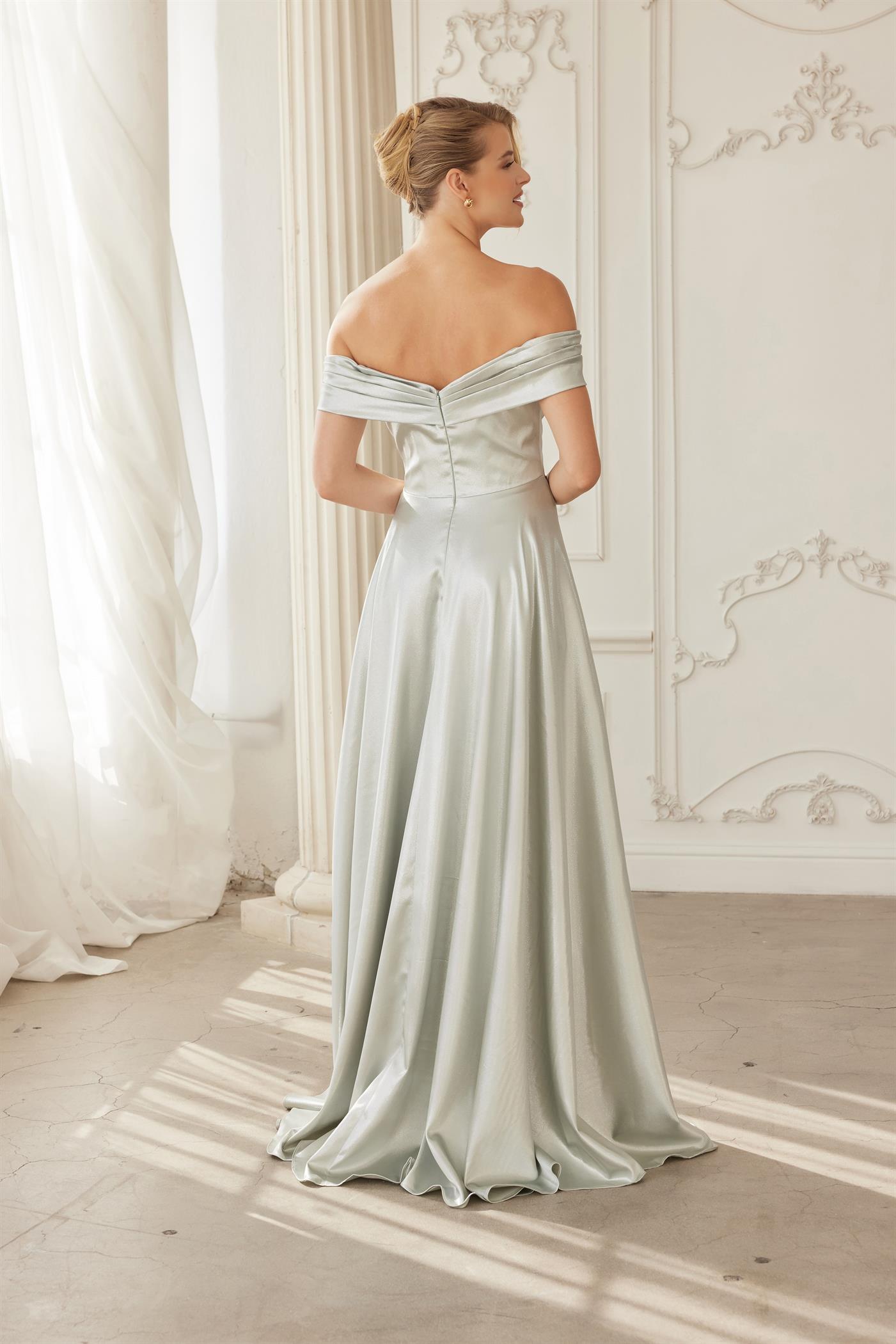 Off-Shoulder A-Line Stretch Satin Evening Gown with Deep V Pleated Neckline by Nox Anabel ME150